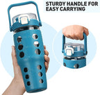 MUKOKO 32 oz Glass Tumbler with Straw,Glass Water Bottles with Time Marker,Iced Coffee Cup with Silicone Sleeve,Motivational Drinking Bottles,Leakproof-Steel Blue