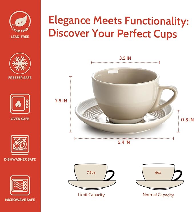 Sweese 6 Ounce Cappuccino Cups with Saucers, Porcelain Double Espresso Cups Set of 4 - Gray