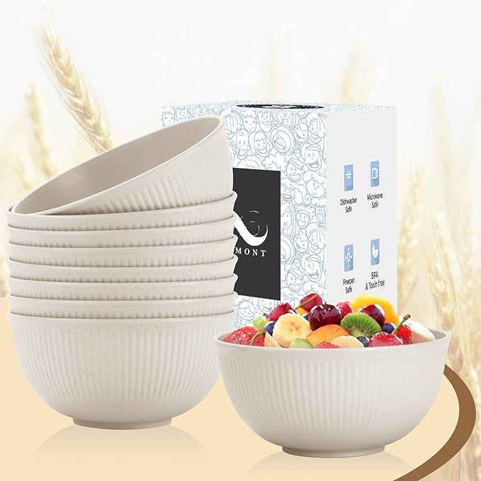 PYRMONT Wheat Straw Bowls 26 OZ Plastic Bowls Reusable, Unbreakable Soup Bowls, Bowl Set of 8, Cereal Bowl, Small Bowls for Kitchen, Dishwasher & Microwave Safe Bowls, BPA-Free (Beige)