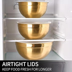 Gold Mixing Bowls with Lids Set of 7, Stainless Steel Nesting Bowl with Khaki Lid for Non-slip Mixing Prepping Storing Serving, 7 Sizes-7/3.6/2.7/2.1/1.5/1/0.8 QT