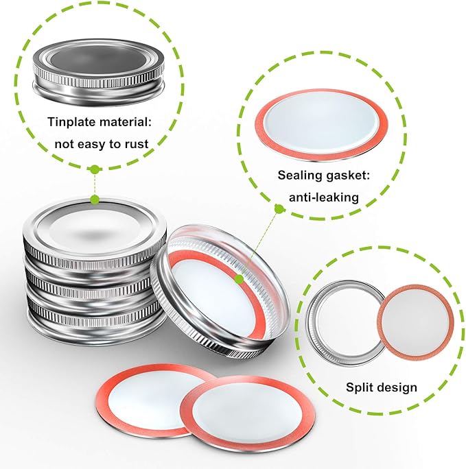 Mason Jar Lids and Rings 48Pcs Regular Mouth Canning Lids for Ball, Kerr Jars- Split-Type with Leak proof & Airtight Seal, Metal - Food Grade Material Silver/70MM