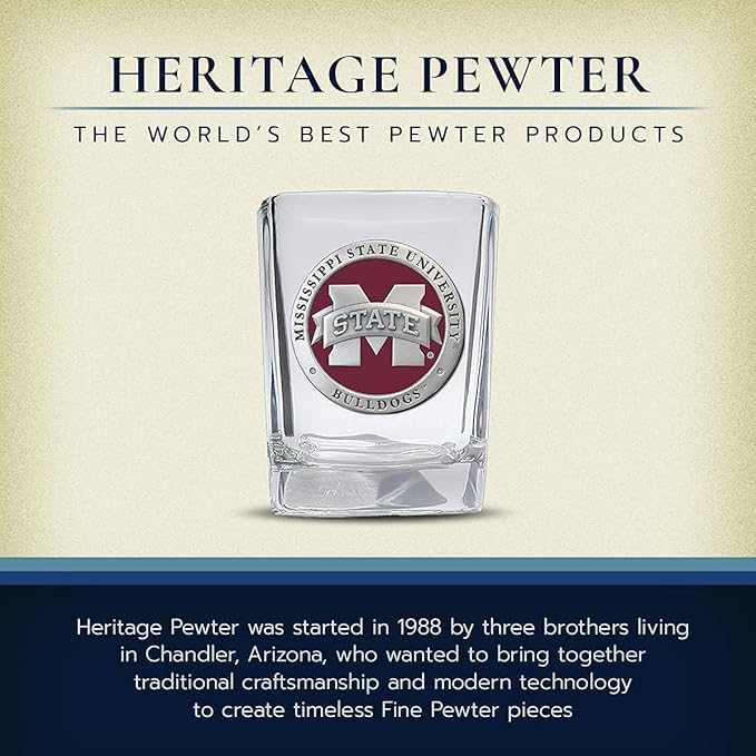 Heritage Pewter Mississippi State University Square Shot Glass | Hand-Sculpted 1.5 Ounce Shot Glass | Intricately Crafted Metal Pewter Alma Mater Inlay