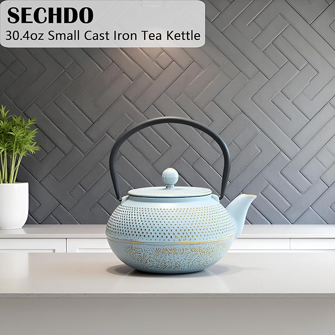 30.4oz Small Cast Iron Teapot, Tea Kettle for Stovetop Safe Coated with Enameled Interior, Japanese Tetsubin, Tea Pot with Stainless Steel Infuser for Loose Tea(900ml)