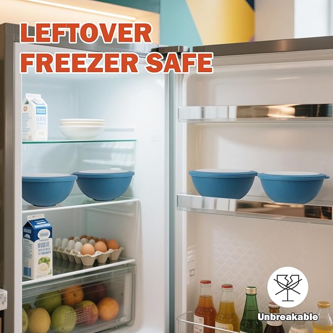 wheat straw bowls with lids set of 4, 40oz cereal bowls with covers,unbreakable salad container for lunch, dishwasher safe bowl sets for kitchen. Blue