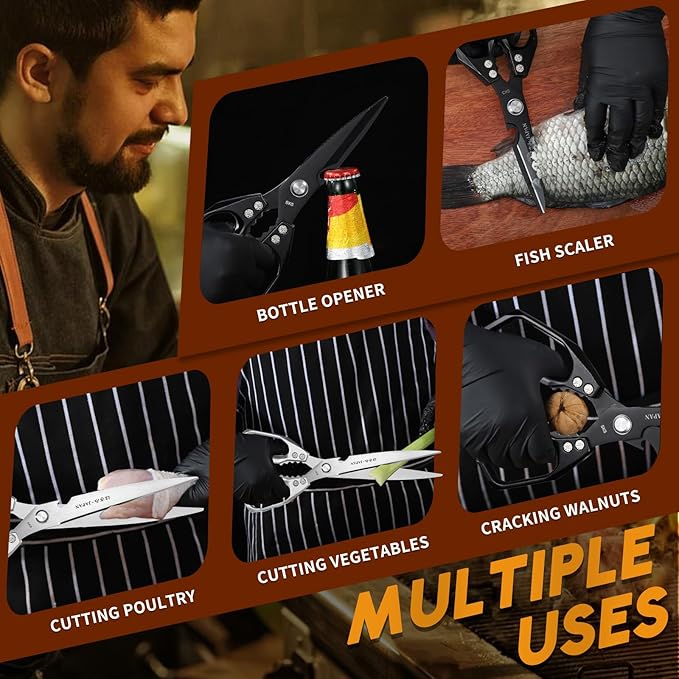 HUUSK Kitchen Scissors Set Upgraded - Stainless Steel Kitchen Shears, Sharp Meat Scissors, Heavy Duty Poultry Shear, Japanese Cooking Scissor for Food, Chicken Bones, and Turkey - Dishwasher Safe