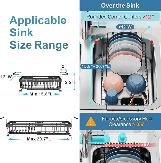 iSPECLE Dish Drying Rack with Sink Mat - Expandable Capacity in Sink Dish Rack for Kitchen RV Apartment, Large, Black