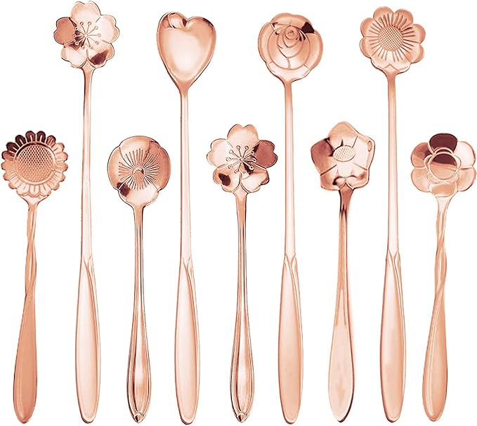 9 Pcs Flower Spoon Coffee Teaspoon Set, ESRISE Stainless Steel Tea Spoon for Tea Party Decorations (Rose Gold)