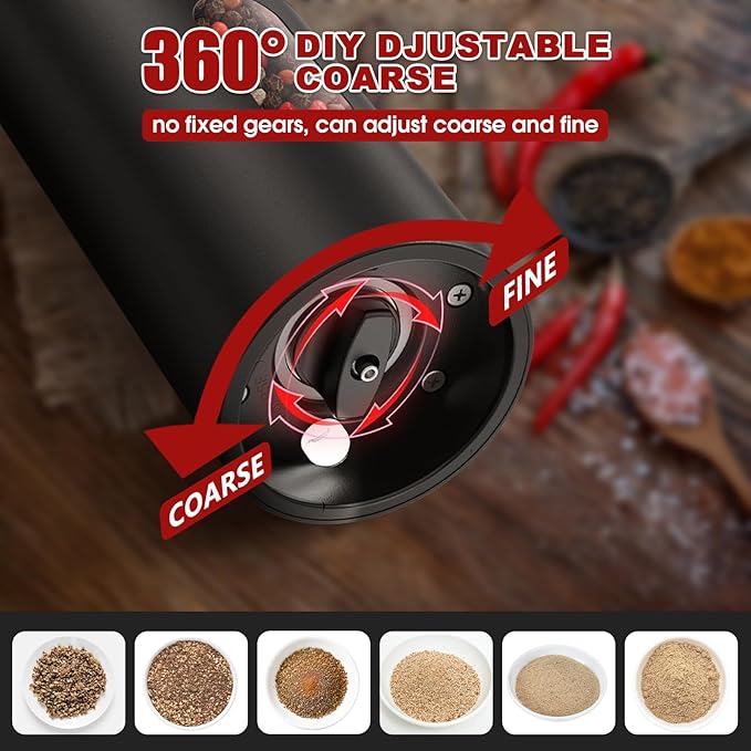 Electric Salt and Pepper Grinder Set,USB Rechargeable Automatic Grinder,Top-Refill Pepper Mill Grinder with Charging Base,Salt and Pepper Grinder with 110ml Large Capacity and LED,One-Hand Operation