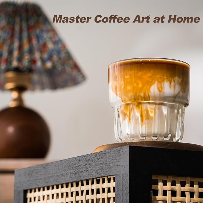 8oz Drinking Glasses Set of 4, Stackable Iced latte Coffee Glass, Beer Glasses, Cocktail Glasses, Coffee Mugs for Latte, Tea, Water glasses for bar, restaurant