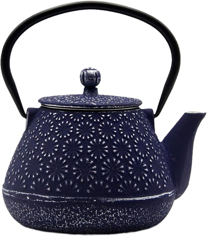 20.3oz Small Cast Iron Teapot, SECHUDO Cast Iron Tea Kettle for Stovetop Safe Coated with Enameled Interior, Cast Iron Tea Pot with Stainless Steel Infuser for Loose Tea (Blue Gerbera Pattern)