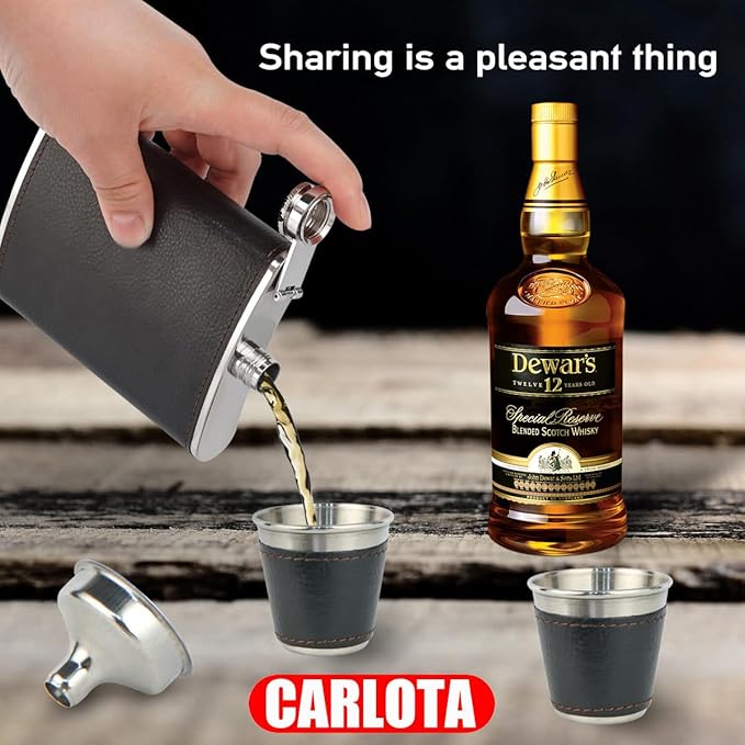 Hip Flask Gift Set, Hip Flasks for Liquor for Men with Black Leather Cover, 8 Oz Hip Flask Set, 18/8 Stainless Steel Hip Flasks for Liquor with 2 Cups & Funnel, Flasks for Liquor for Men Gift Box1