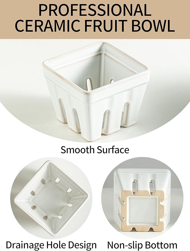 Gomakren Ceramic Berry Basket Set of 2, Square Fruit Bowl with Holes, Small Fruit Basket Containers for Kitchen Counter, Berries, Strawberry, Grape, Cherry, White