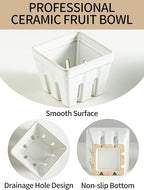 Gomakren Ceramic Berry Basket Set of 2, Square Fruit Bowl with Holes, Small Fruit Basket Containers for Kitchen Counter, Berries, Strawberry, Grape, Cherry, White