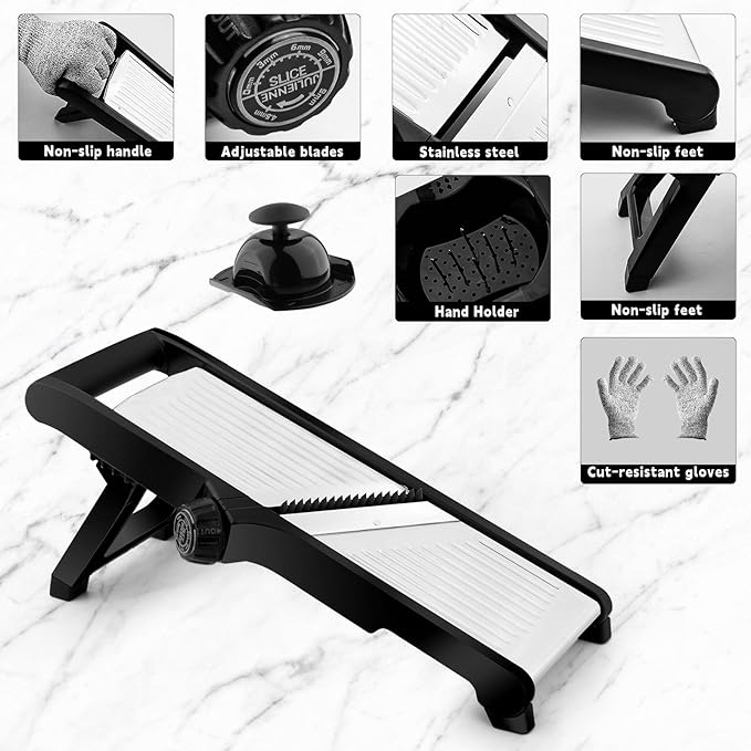 Mandoline Slicer, Adjustable Mandoline Slicer for Kitchen, Stainless Steel Mandolin Vegetable Chopper for Potato, Julienne Cutter with Cut-Resistant Gloves, Black