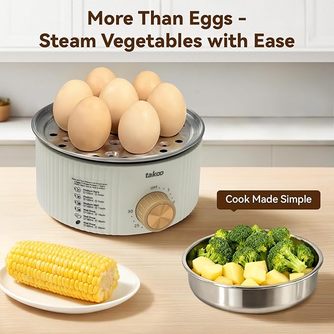 TAKOO 3-in-1 Electric Egg Cooker for Hard Boiled Eggs Poacher, Omelet Maker & Vegetable Steamer, Holds 14