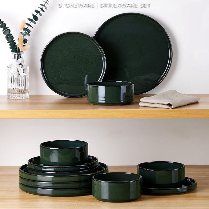 Stoneware Dinnerware Sets for 4, Onader Reactive Glaze Plates and Bowls Sets, Ceramic Dish Dinner Set with Rustic Terracotta Bottom, 12 Piece Elegant Dishware - Emerald Green