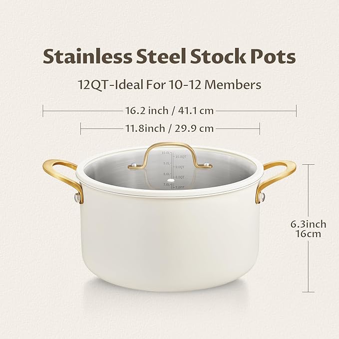 BEZIA Large Stainless Steel Stockpot, 12 Quart Stainless Steel Stock Pot, Even Heat Distribution, Induction Compatible Pot with See-Through Lid, Ideal for Stews, Simmering & Soups, Dishwasher Safe