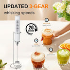 YUSWKO White Handheld Milk Frother Wand with Stand for Coffee, Rechargeable Electric Whisk with 3 Heads 3 Speeds Drink Mixer Coffee Frother For Latte, Cappuccino, Hot Chocolate, Egg