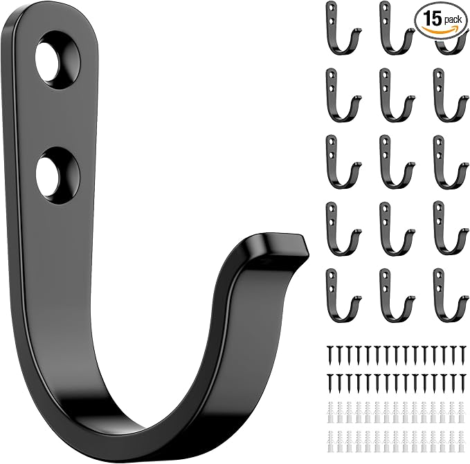 15Pcs Wall Hooks for Bathroom, Kitchen, Closet, and Garage - Black Metal Hooks for Hanging Coats, Towels, Hats, Keys, Bags, and Coffee Cups - Holds Up to 40 lbs