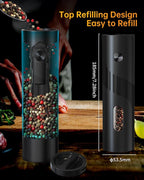 CIRCLE JOY Rechargeable Electric Salt and Pepper Grinder Set with Base, Automatic Pepper Mill Grinders with 110ml Container, Adjustable Coarseness and White LED Light, Black