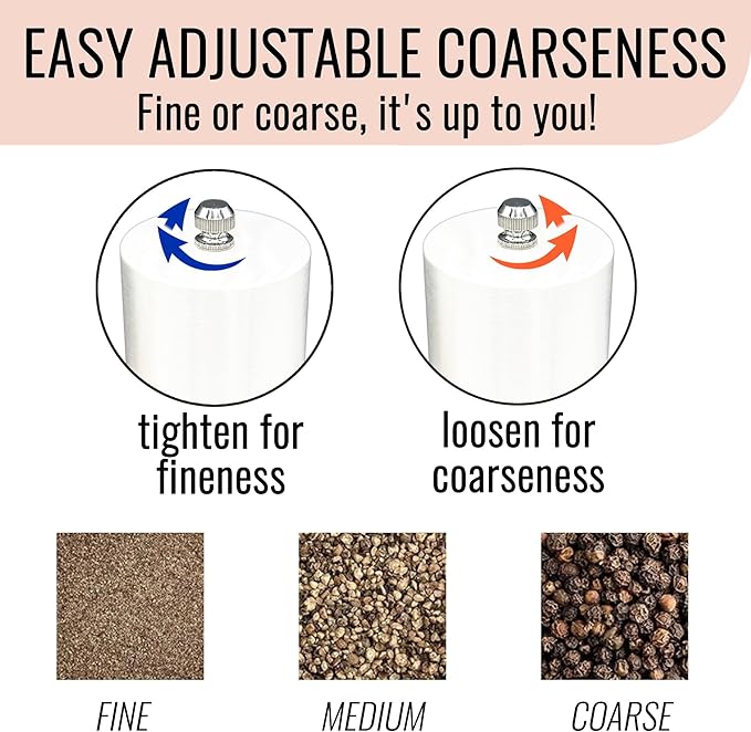 Manual Salt and Pepper Grinder Set of 2 | Large Round Shakers | 7.5 Inch Stainless Steel Refillable Grinders (White)