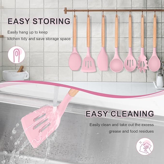P&P CHEF Silicone Cooking Utensils Set, 8-Piece Kitchen Cooking Utensil with Wooden Handle, Silicone Spatula for Nonstick Cookware, Heat-proof & Easy Clean, Pink