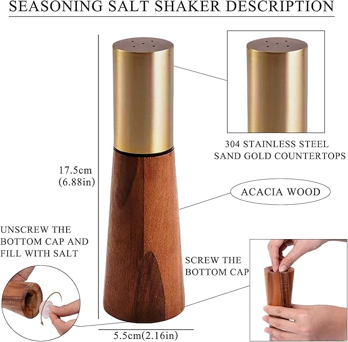 Salt and Pepper Grinder Set, Acacia Wooden Pepper Grinder with Adjustable Coarseness, Refillable Ceramic Blade Grind,Gold Pepper Mill for Kitchen, Enjoy Fresh Ground Pepper Salt with Spice
