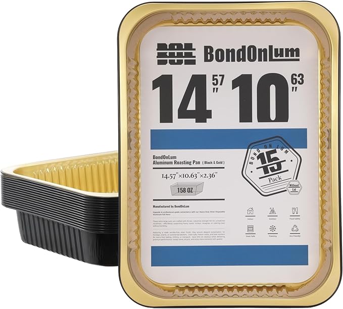 Aluminum Foil Pans, Extra Heavy Duty Disposable Aluminum Baking Pans, 14.57"×10.63" Steam Table Pans for Cooking, Heating, Storing, Prepping Roasting and Chafing (15 Pack Black and Gold)