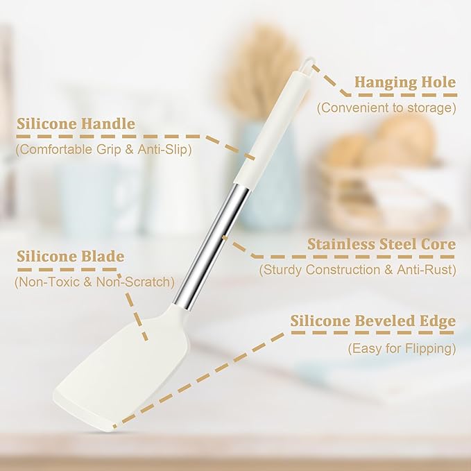 TeamFar Cooking Utensils Set, 5 Pcs Silicone Kitchen Utensils with Stainless Steel Handle, for Nonstick Cookware Flipping Frying Turning Draining, Heatproof & Healthy, Healthy & Easy Clean, White