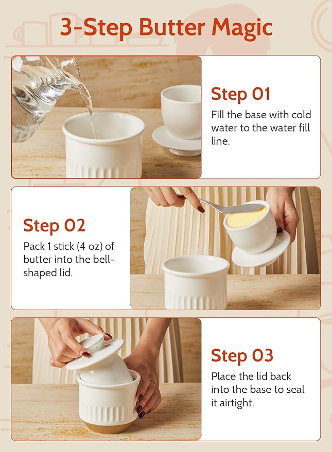 Sweese French Embossed Butter Crock with Lid - Elegant Floral Relief Design & Water Reservoir - White Countertop Butter Keeper