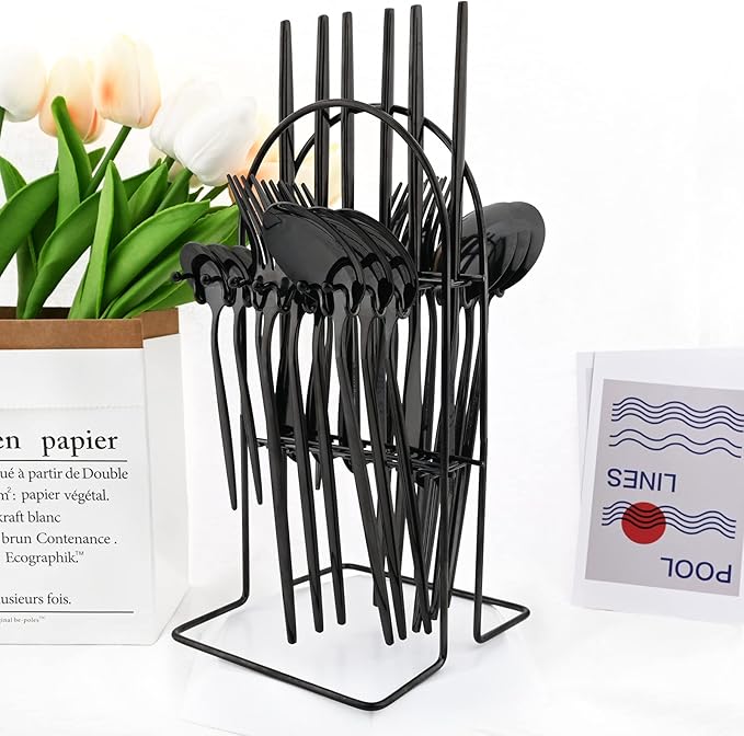 24-Piece Mirror Black Cutlery Set, Snplowum Stainless Steel Flatware Hanging Tableware Silverware Set Include Knife/Fork/Spoon/Teaspoon and Storage Rack For Daily Use, Service For 6