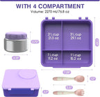 Bento Box for Kids - Leak-Proof Lunch Box with Insulated Thermos Food Jar - 4 Compartments, 1 Removable Divider, 1Spoon, 1 Fork - Dishwasher Safe, BPA-Free (Light purple)