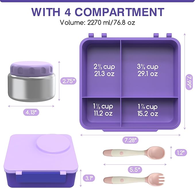Bento Box for Kids - Leak-Proof Lunch Box with Insulated Thermos Food Jar - 4 Compartments, 1 Removable Divider, 1Spoon, 1 Fork - Dishwasher Safe, BPA-Free (Light purple)
