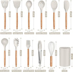 P&P CHEF Silicone Cooking Utensils Set, 12PCS Kitchen Utensils Set with Wooden Handle for Nonstick Cookware, Ladle, Spoon, Spatula, Tong, Heat-resistant & Non-scratch, Non Smell & Healthy, Khaki