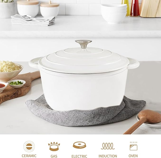 Dutch Oven,Cast Iron Dutch Ovens,Dutch Oven Pot with Lid,5 QT Enamel Dutch Pot,Dutch Ovens with Dual Handles,Cast Iron Pot for Braiser,Cooking,Gifts for Family,White