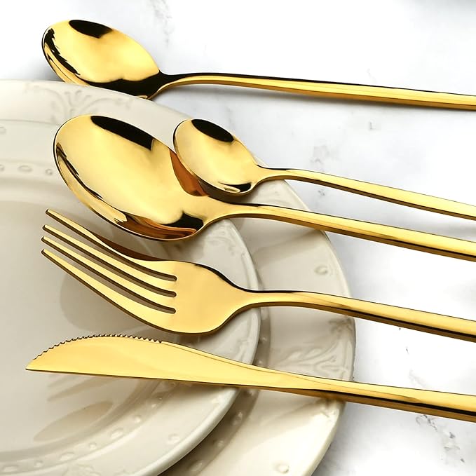 Gold 36-Pieces Silverware Flatware Mirror Polished Dinnerware, 18/0 Stainless Steel Cutlery Set For Home Kitchen Party Hotel Restaurant Wedding Service for 6
