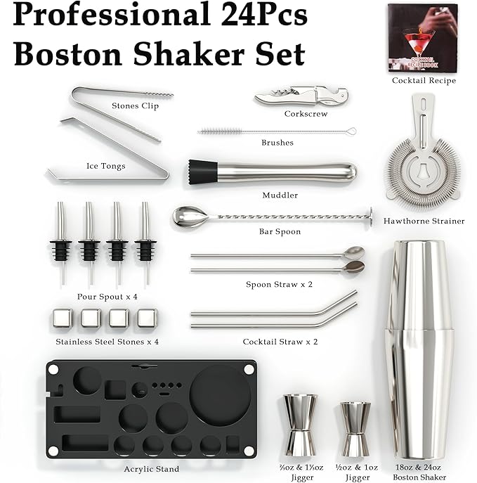 Cocktail Shaker Set Bartender Kit, 24-Piece Boston Stainless Steel Bar Tool Set with Acrylic Stand Bars Set with All Practical Bar Accessories, for Drink Mixing, Bar, Home, Party, Silver