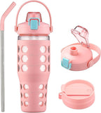 MUKOKO 32 oz Glass Tumbler with Straw,Glass Water Bottles with Time Marker,Iced Coffee Cup with 2 Lids-Handle Spout Lid&Straw Lid,Silicone Sleeve,Leakproof,1 Pack-Pink