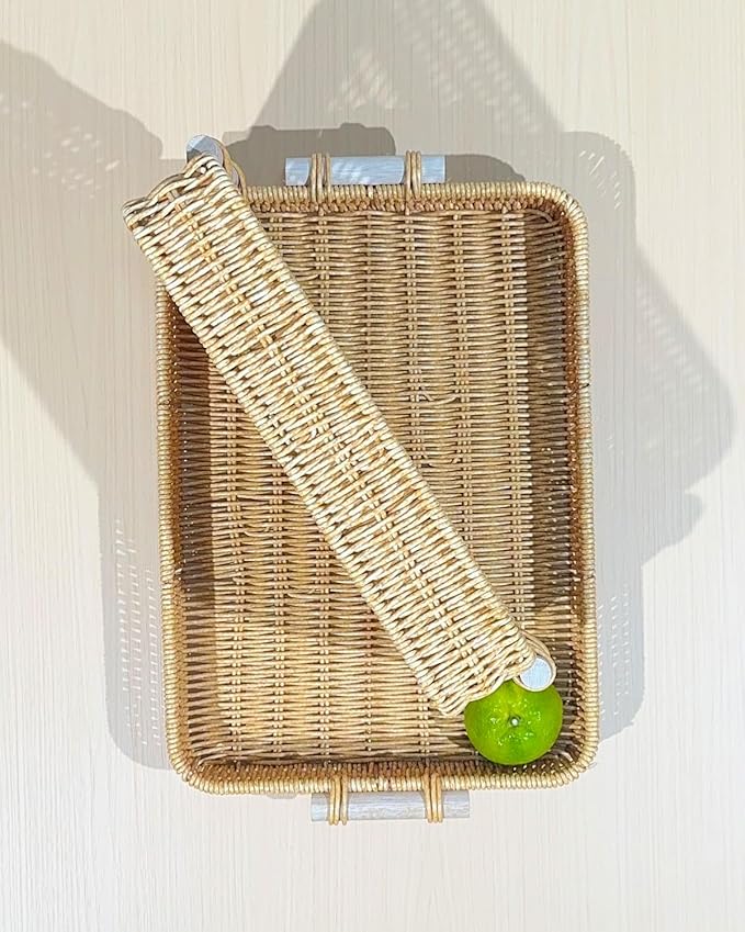 Woven Kitchen Storage Baskets Rattan Fruit Tray for Decoration Rectangular Bread Baskets with Wooden Handles, Outdoor Serving Tray for Coffee Table, Picnic Food, Snacks, Vegetables, 2-Piece, Natural
