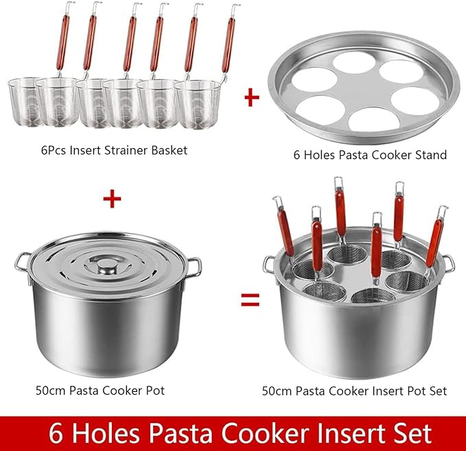 Pasta Cooker Insert Set Stainless Steel Pasta Pot With Strainer Basket Multipots Cooking Tool For Noodles Dumplings Pasta For Home Kitchen Restaurant,6 Holes