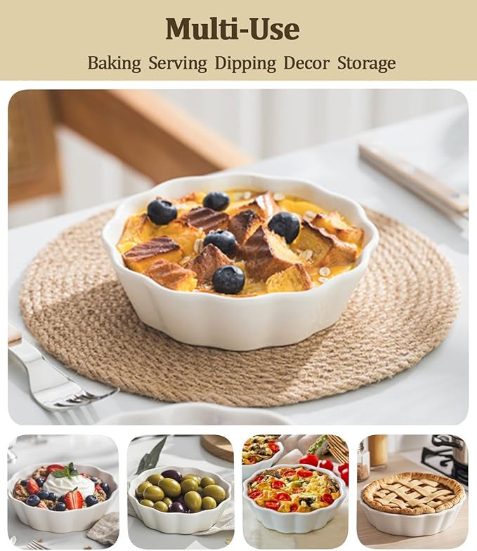 12 Oz Ramekins Oven Safe, Small Baking Dish, Individual Mini Pie Pans for Quiche, Casseroles, Dessert, Tart, Creme Brulee, lasagna, Ceramic Small Quiche Dishes, Set of 6