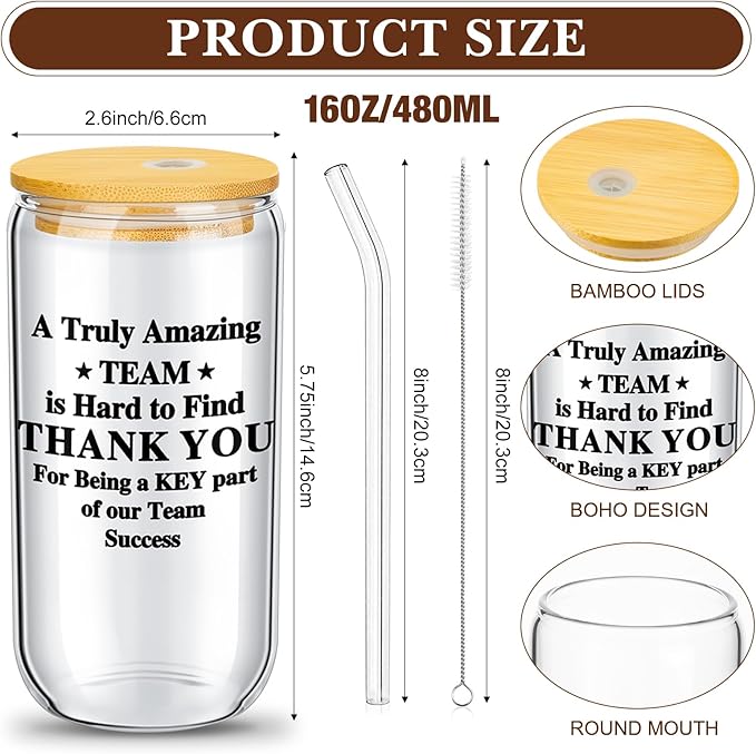 Layhit 24 Set Bulk Thank You Team Gifts Cups for Employees Staff Coworker Christmas Appreciation Gifts Thank You Glass Cups 16 oz Can Shaped Beer Glass with Lids Straws Brushes(Bright Style)