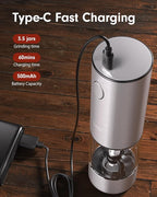 TOMEEM Upgraded Larger Capacity Electric Salt and Pepper Grinder Set Rechargeable with LED lights, Stainless Steel Automatic Pepper and Salt Grinder Refillable with 5 Adjustable Coarseness Gray