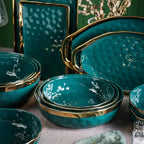 Stone Lain Florian Porcelain 3-Piece Round Shallow Bowl Service Set, Green with Gold Rim