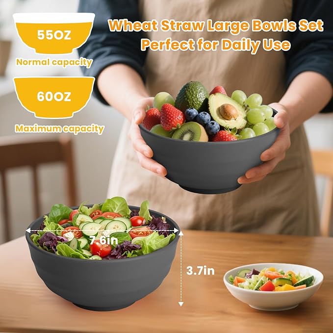 Homienly Wheat Straw Bowls Set of 8, 60oz Extra Large Unbreakable Bowls - Lightweight Alternative to Plastic Serving Bowls for Cereal, Ramen & Soup, Microwave Safe for Outdoor Activities (Grey)
