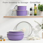 15Pcs Pots and Pans Set Non Stick, Cookware Sets with Detachable Handle, Nonstick RV Kitchen Cooking Tools Removable Handles, Oven Safe, Induction Fast, Stackable Induction Cookware, Purple