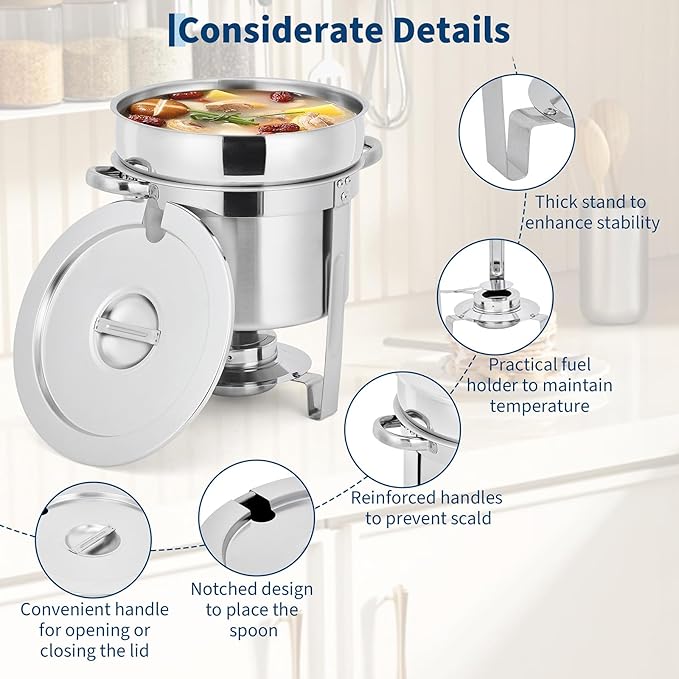 Commercial 7QT Soup Chafer Set, 4 Pack Stainless Steel Round Food Warmers Set with Pot, Notched Lids & Fuel Containers, Soup Warmers Ideal for Buffet Service & Event Catering