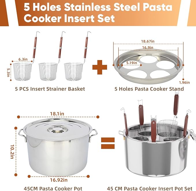 Pasta Pot With Strainer Basket,Large 5 Holes Pasta Pot with Insert for Cooking, Pot With Strainer Lid Stainless Steel for Home Kitchen