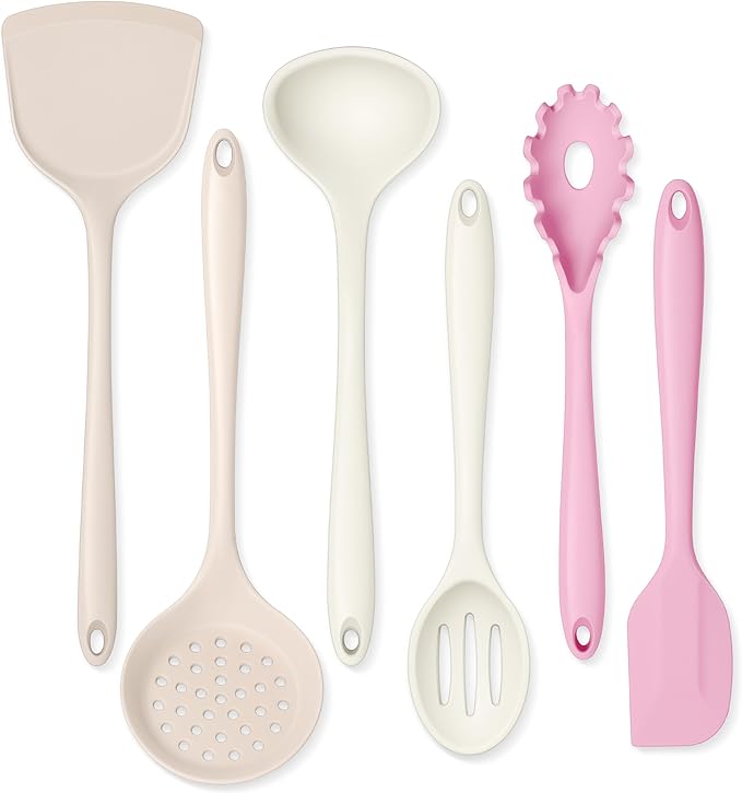 Silicone Cooking Utensils Set, Onader 6 Pcs Kitchen Utensils for Cooking, Heat Resistant Kitchen Gadgets Tools Set for Nonstick Cookware - 3 Mixed Color (Khaki & Pink & White)