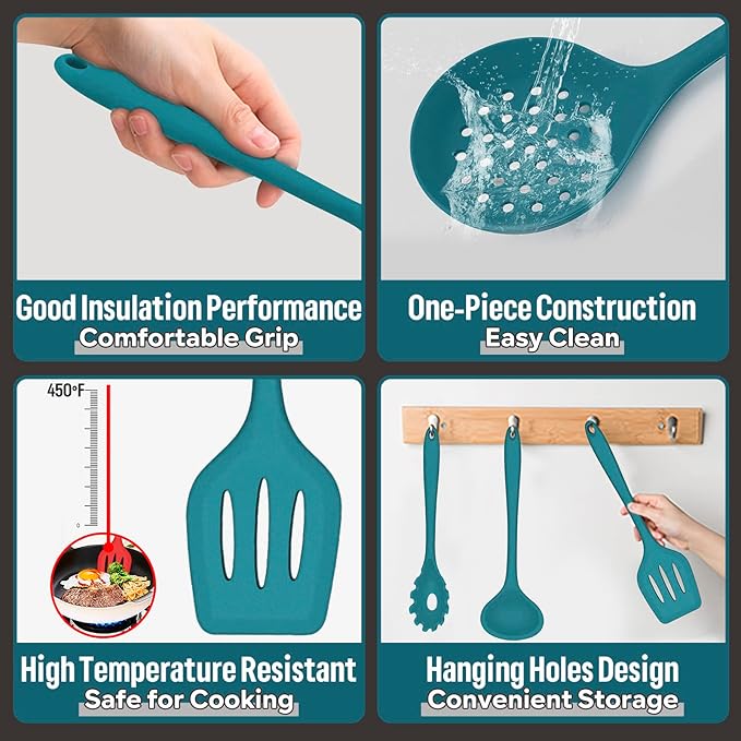 Silicone Kitchen Utensils Set, E-far 23 Pcs Blue Cooking Utensils Tools with Holder for Nonstick Cookware, Include Spatula/Spoon/Ladle/Tongs/Turner, Heat Resistant & Nontoxic, Dishwasher Safe